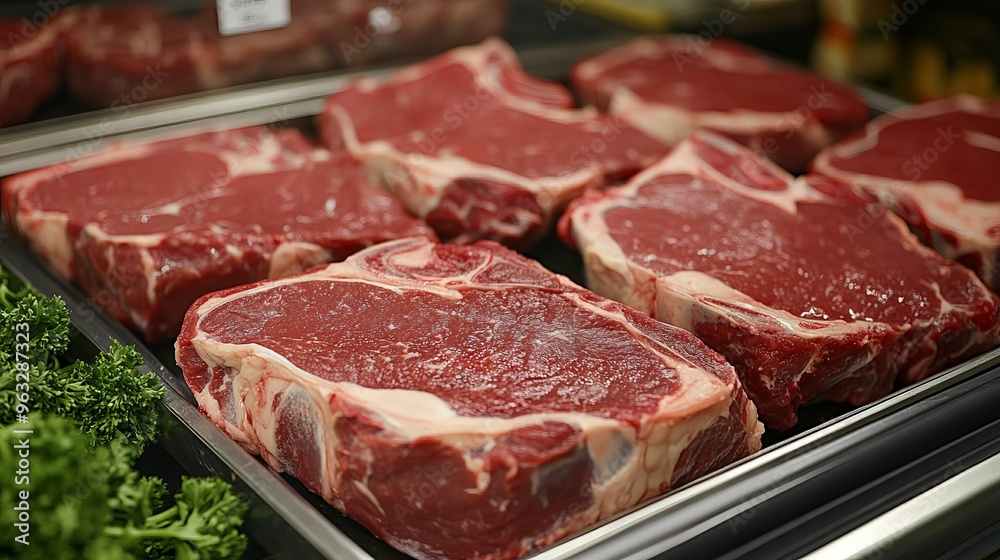 Fototapeta premium USDA Choice Beef Rib Eye Steaks for sale at a supermarket