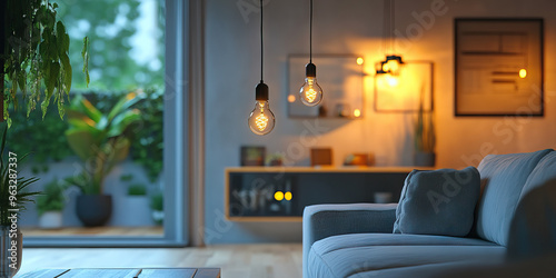 Wallpaper Mural Energy Efficient Home: A modern living room with energy-saving light bulbs and smart power strips. Torontodigital.ca