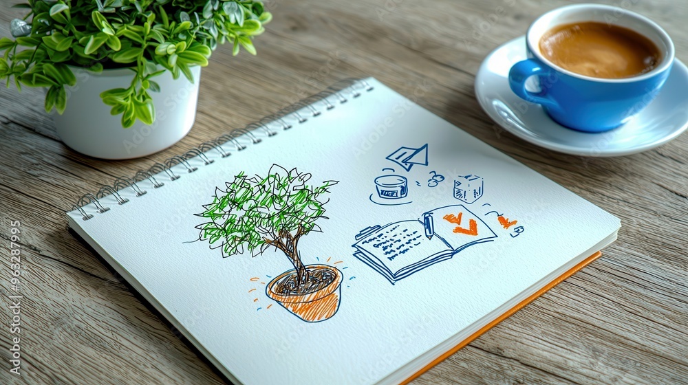 A cozy workspace featuring a potted plant, a cup of coffee, and a sketchbook with creative illustrations for inspiration. A cozy workspace featuring a potted plant, a cup of coffee, and a sketchbook with creative illustrations for inspiration.