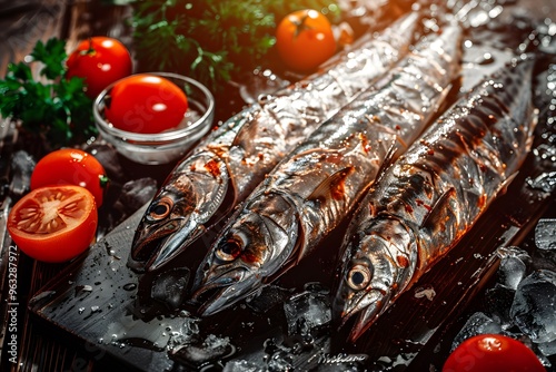 Fresh fish displayed with cherry tomatoes and herbs on a rustic wooden board. photo