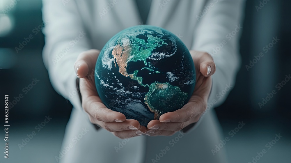 A person holds a globe symbolizing global unity and sustainability, showcasing care for the planet and its future. A person holds a globe symbolizing global unity and sustainability, showcasing care for the planet and its future.