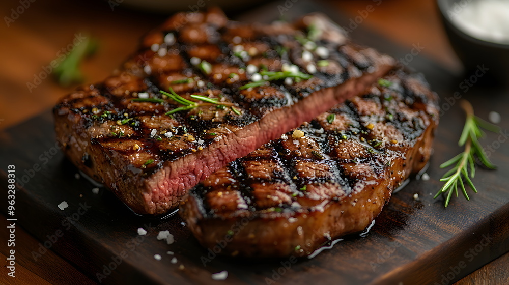 A tenderloin steak cut to reveal a juicy and marbled tenderloin, garnished with fresh rosemary and coarse salt. The charred edges add a delicious texture. Served with a wooden board underneath. A tenderloin steak cut to reveal a juicy and marbled tenderloin, garnished with fresh rosemary and coarse salt. The charred edges add a delicious texture. Served with a wooden board underneath.