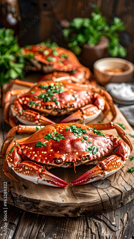 Fototapeta premium Freshly cooked crabs garnished with herbs on a rustic wooden table.