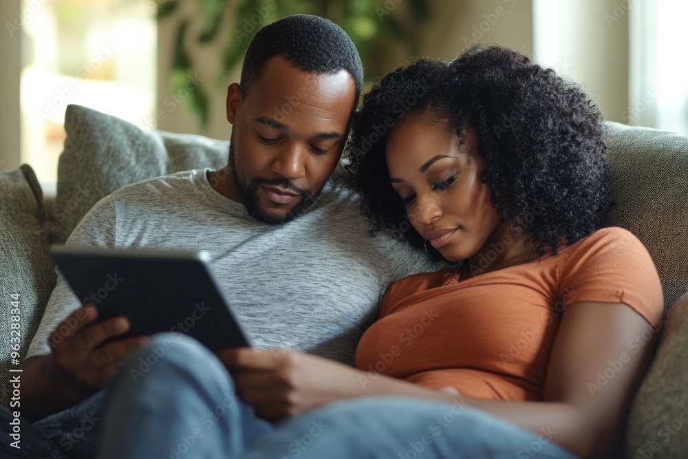 Couple relaxing on sofa with tablet in cozy living room Couple relaxing on sofa with tablet in cozy living room
