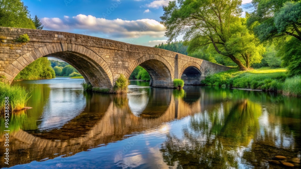 Fototapeta premium Stone bridge crossing over a tranquil river , Stone, bridge, river, water, architecture, ancient, landmark, crossing