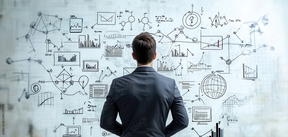 A professional man analyzes complex data and charts projected on a wall, symbolizing strategic planning and decision making. A professional man analyzes complex data and charts projected on a wall, symbolizing strategic planning and decision making.