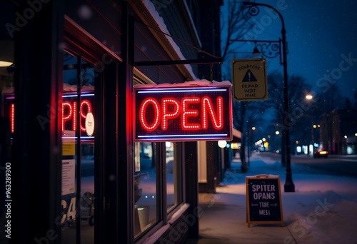 Open Sign Hanging Outside Store During Snowfall in Winter Evening 