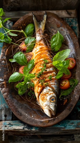 Freshly prepared fish dish garnished with herbs and tomatoes on a rustic platter. photo