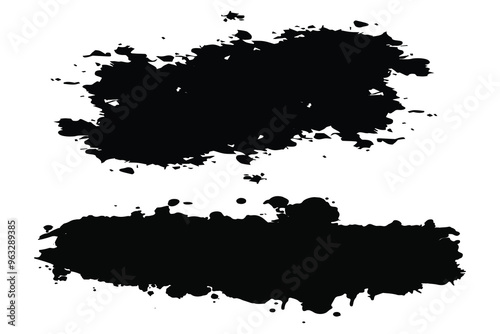 Set of two abstract black ink brush stroke designs on white background ideal for grunge textures, artistic backgrounds, web design elements, and digital projects.