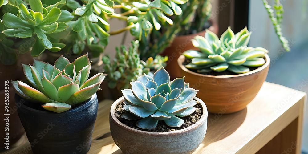 Minimal Green Oasis: A small indoor garden with succulents in planters, surrounded by natural wood furniture. Minimal Green Oasis: A small indoor garden with succulents in planters, surrounded by natural wood furniture.