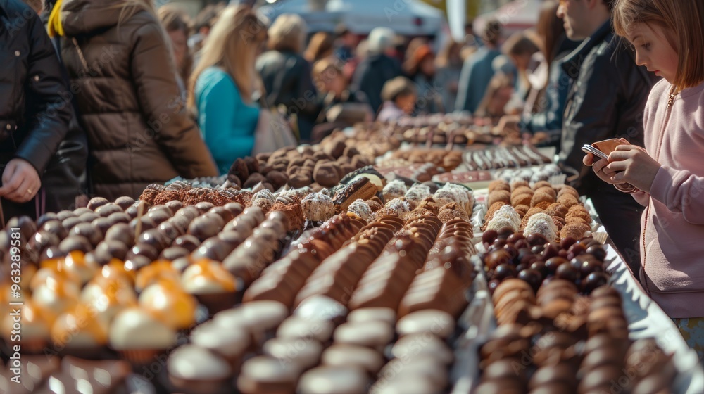 A wide variety of chocolate treats are displayed at an outdoor market A wide variety of chocolate treats are displayed at an outdoor market