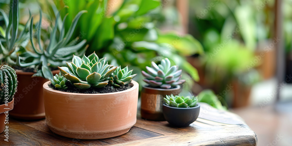 Minimal Green Oasis: A small indoor garden with succulents in planters, surrounded by natural wood furniture. Minimal Green Oasis: A small indoor garden with succulents in planters, surrounded by natural wood furniture.
