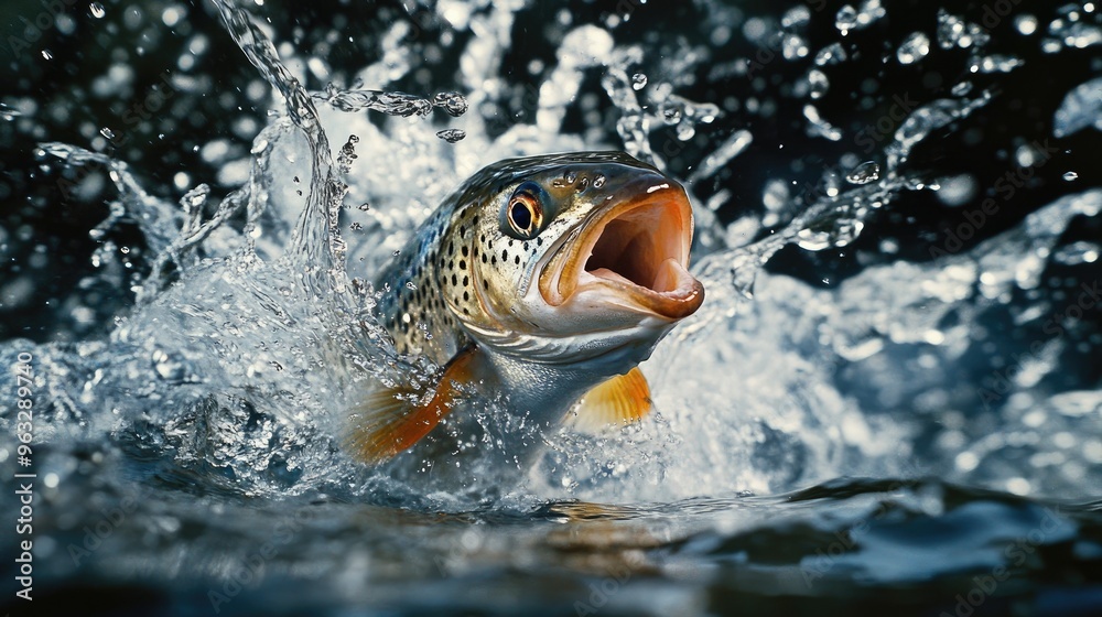 A powerful image of a fish jumping out of the water, breaking the surface and sending a spray of droplets in all directions. A powerful image of a fish jumping out of the water, breaking the surface and sending a spray of droplets in all directions.