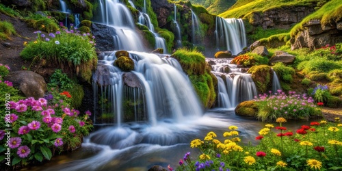 Refreshing spring waterfall cascading through mossy rocks surrounded by vibrant wildflowers, waterfall, spring