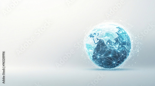 Blue planet earth is shown covered in a network mesh, illustrating global connectivity and communication #963289916