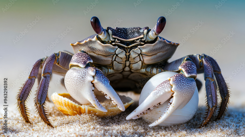 Close-up of a crab holding a seashell on a sandy beach. the crab's claws are visible, and the shell is white with brown stripes. the crab's exoskeleton is a vibrant blue and purple. Close-up of a crab holding a seashell on a sandy beach. the crab's claws are visible, and the shell is white with brown stripes. the crab's exoskeleton is a vibrant blue and purple.