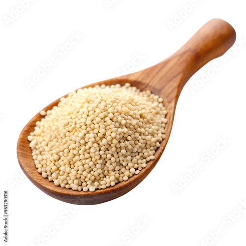 White quinoa grain on wooden spoon isolated on transparent background