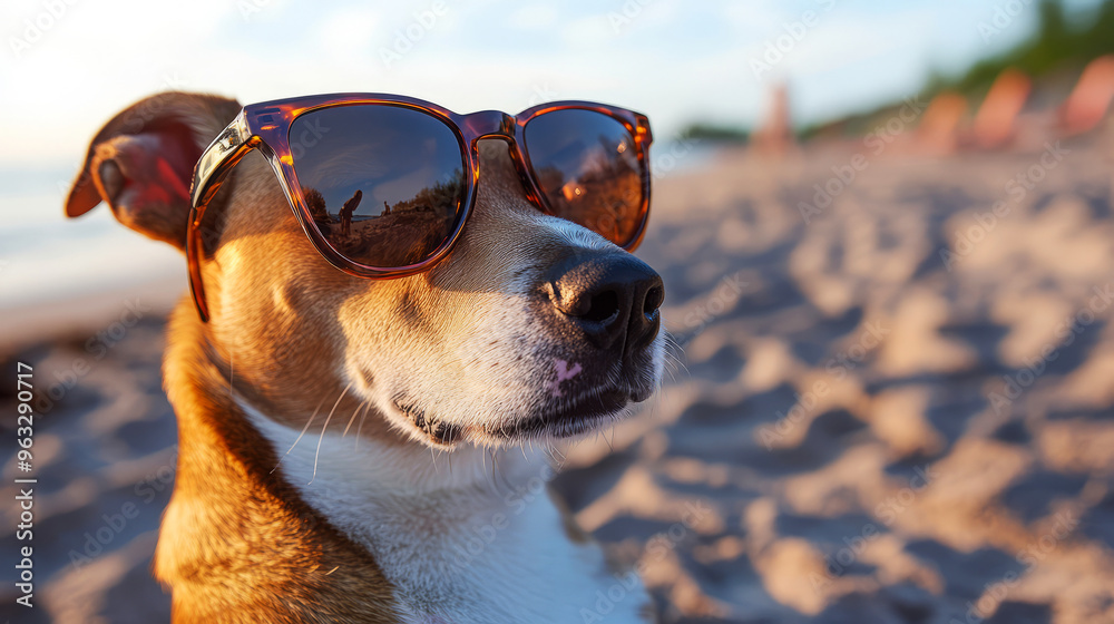 Cool Dog In Sunglasses On The Beach Enjoying The Summer Sun.
