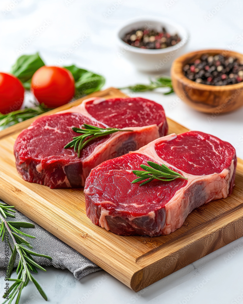 Fresh raw ribeye steaks on a wooden cutting board with herbs and vegetables ready for cooking or grilling. Fresh raw ribeye steaks on a wooden cutting board with herbs and vegetables ready for cooking or grilling.