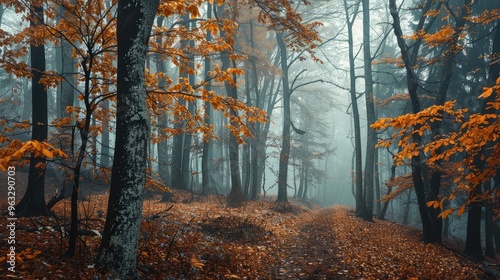Misty Autumn Forest Path with Vibrant Foliage