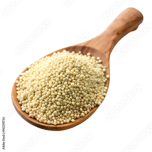 White quinoa grain on wooden spoon isolated on transparent background