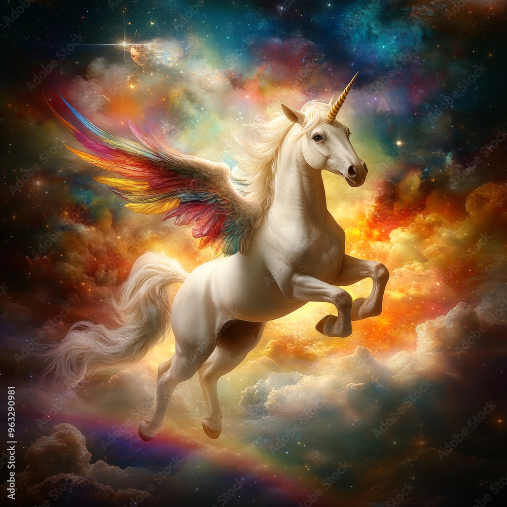 A Majestic Unicorn With Wings Soaring Over a Vibrant Rainbow in a Cosmic Sky A Majestic Unicorn With Wings Soaring Over a Vibrant Rainbow in a Cosmic Sky