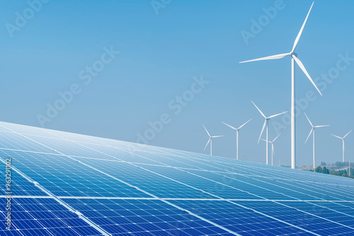 Solar panels with wind turbine on blue sky. innovations of clean energy. Energy supply, distribution of energy, Power Plant, energy transmission, high voltage supply. green technology for future