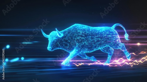 A futuristic blue holographic bull in motion, representing strength and dynamism in a digital landscape. photo