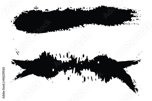 Set of two abstract black ink brush stroke designs on white background ideal for grunge textures, artistic backgrounds, web design elements, and digital projects.