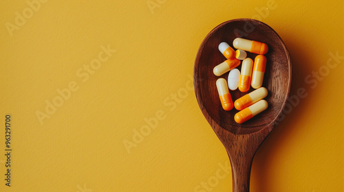 Orange and white pills in wooden spoon isolated yellow background, World Health Awareness Day 