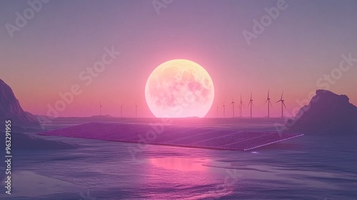 Wind turbines in the background of a solar farm Flat design Vector look Digital art Large space for text in center Stock Photo with copy space