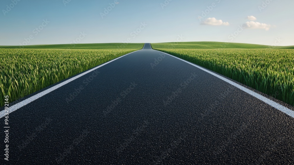 A scenic road stretches into the horizon, surrounded by lush green fields under a clear blue sky. Perfect for travel and adventure themes. A scenic road stretches into the horizon, surrounded by lush green fields under a clear blue sky. Perfect for travel and adventure themes.