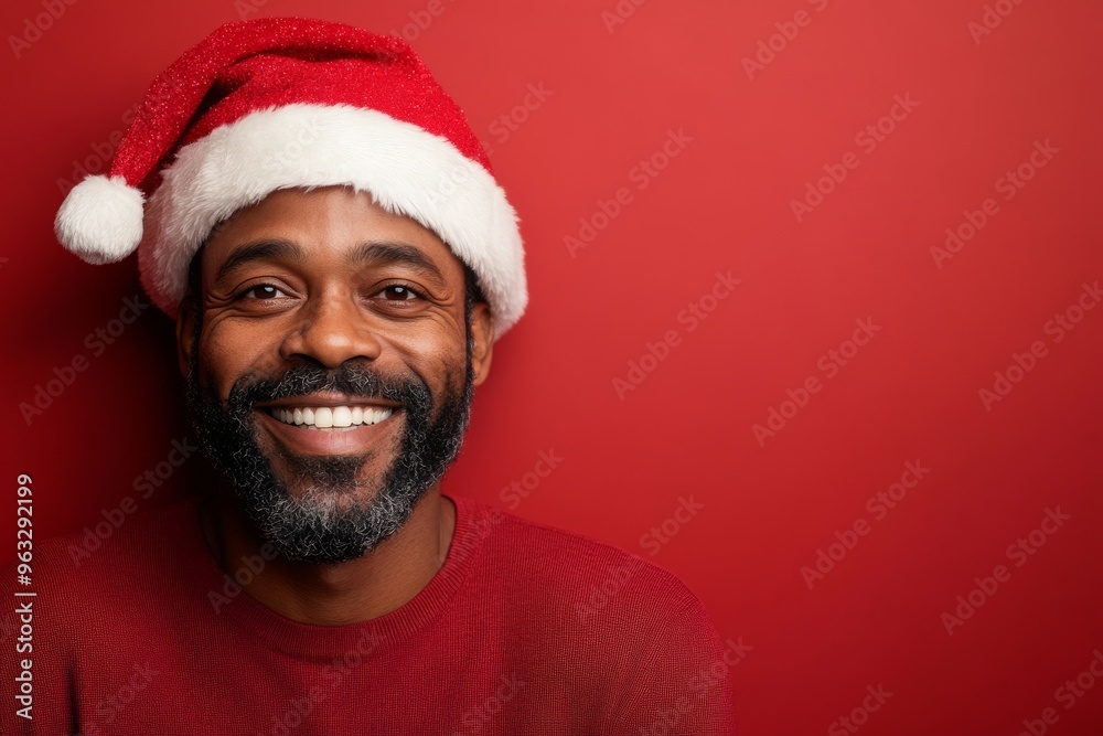 Black Man Wearing a Santa Hat Smiles Against a Red Backdrop During the Holidays
