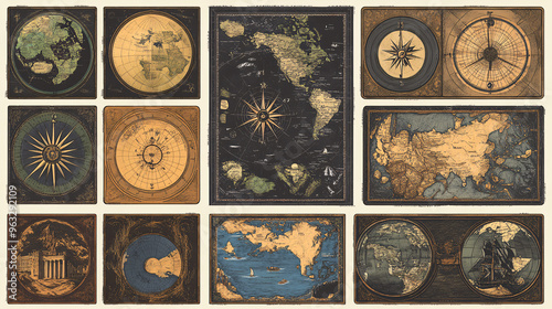 Vintage World Map & Compass Set
