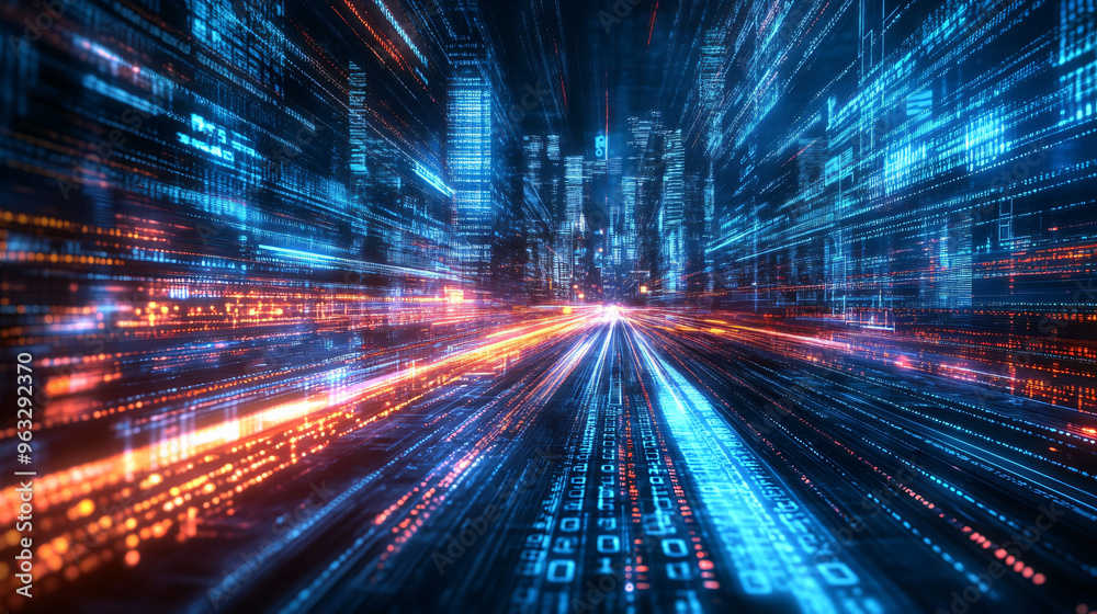 Futuristic city with data flowing in abstract 3d illustration against a dark backdrop Futuristic city with data flowing in abstract 3d illustration against a dark backdrop