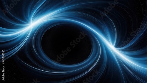 A cosmic representation of a black hole with swirling blue light effects.