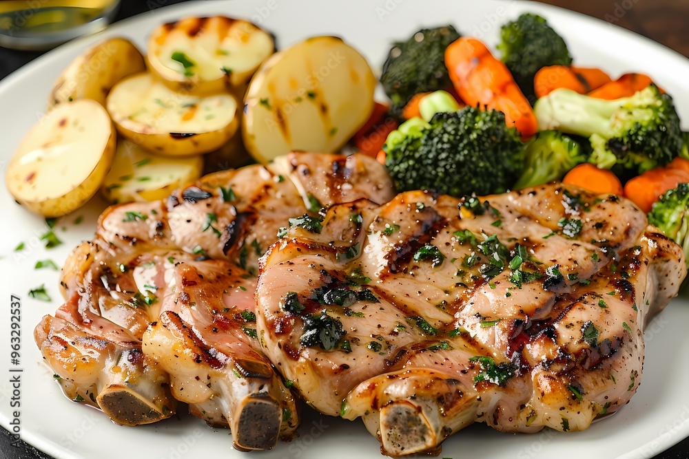 Delicious marinated grilled chicken with fresh vegetables and potatoes. Delicious marinated grilled chicken with fresh vegetables and potatoes.