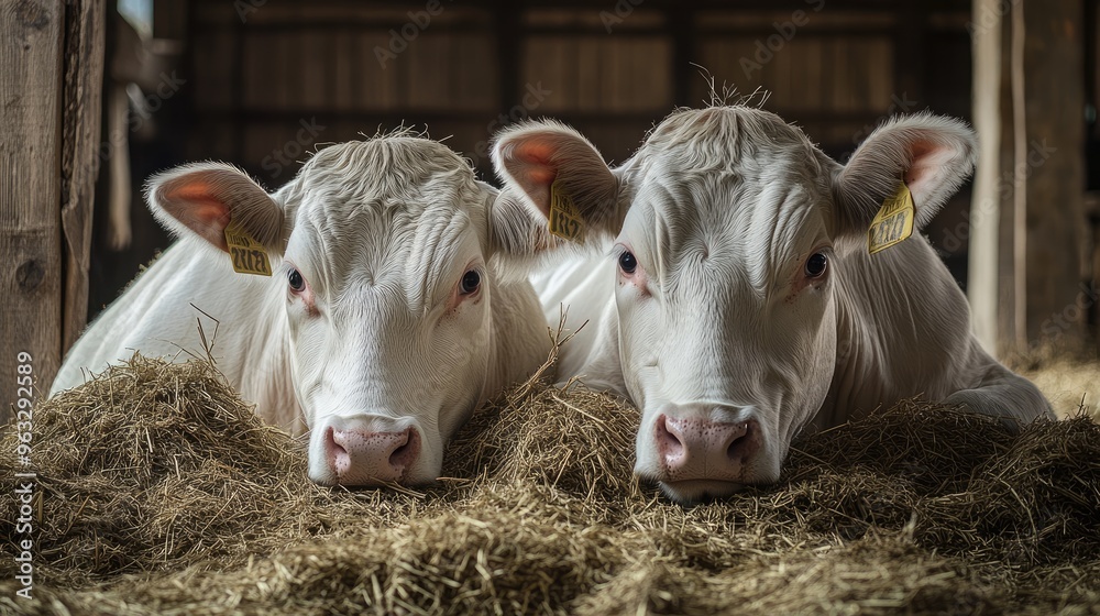 Barn scene with two white cows resting on a pile of hay, their large, calm eyes gazing softly toward the camera in a cozy, rural atmosphere. Barn scene with two white cows resting on a pile of hay, their large, calm eyes gazing softly toward the camera in a cozy, rural atmosphere.