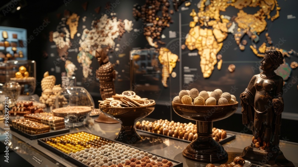 A display of chocolates from different countries is presented in a museum with world map on the wall