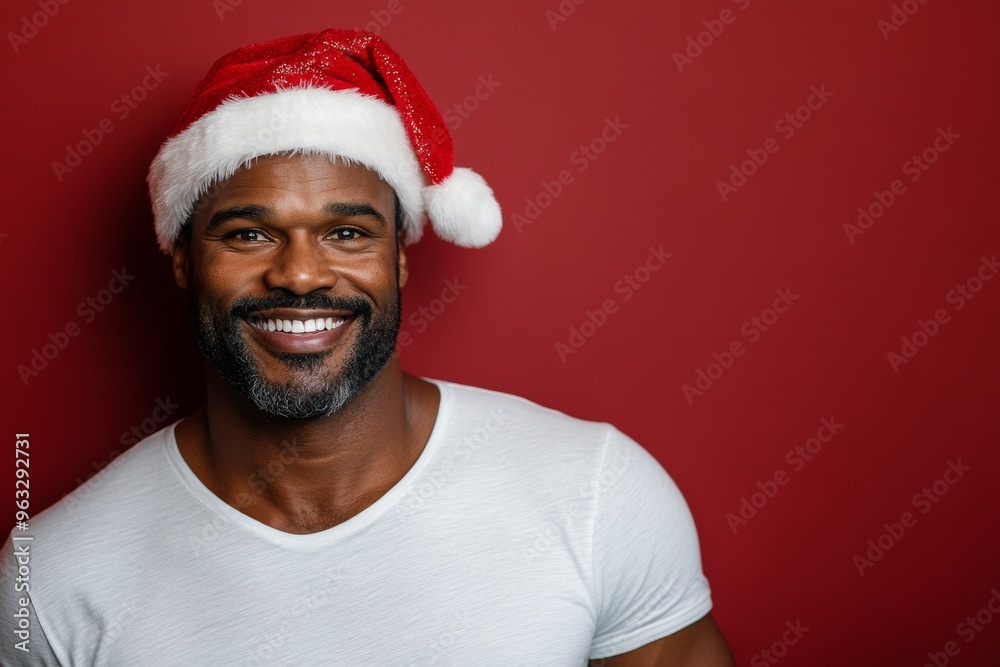 Joyful Black Man Wearing a Santa Hat Against a Red Background, Smiling Happily Joyful Black Man Wearing a Santa Hat Against a Red Background, Smiling Happily