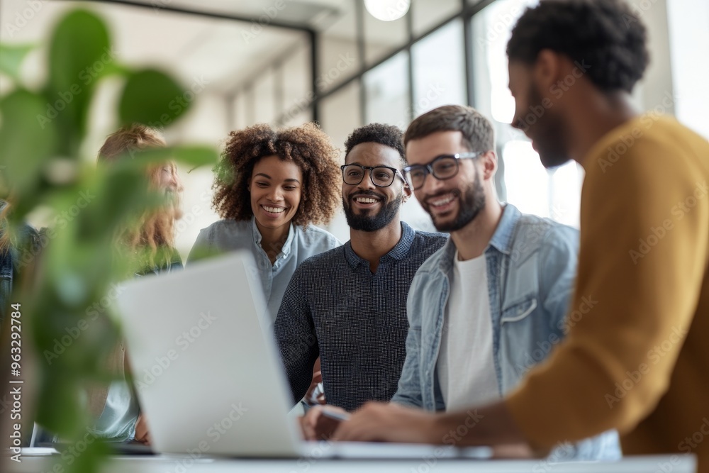 Diverse team collaborating in modern office setting Diverse team collaborating in modern office setting
