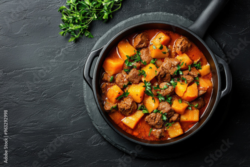 Hearty stew with tender beef and vegetables, perfect for a cozy meal. A delicious blend of flavors and textures.