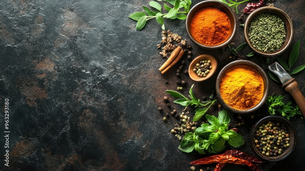 Assortment of Spices and Herbs on Dark Background Assortment of Spices and Herbs on Dark Background
