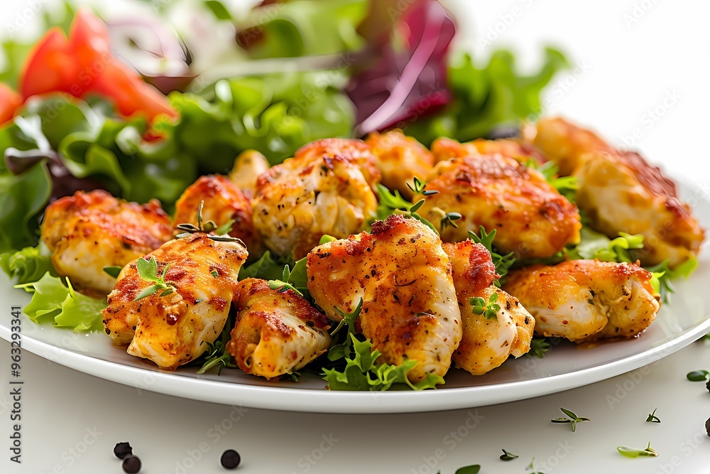 Delicious baked chicken wings served on a plate with fresh greens.