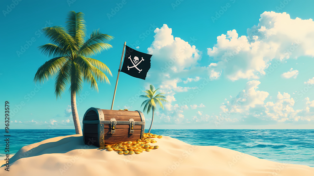 Fototapeta premium Sand, sea, sky, clouds, palm trees and summer day. pirate island, chest of gold and pirate flag fluttering in the wind. 3d rendering. Pirate. Illustration
