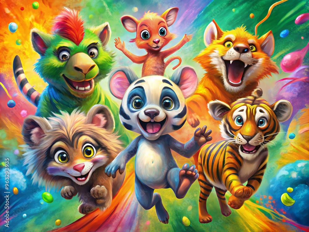 Naklejka premium Vibrant and colorful animated animal characters in cartoon painting style with bold brush strokes and textures featuring dynamic poses emphasizing action and energy concept.