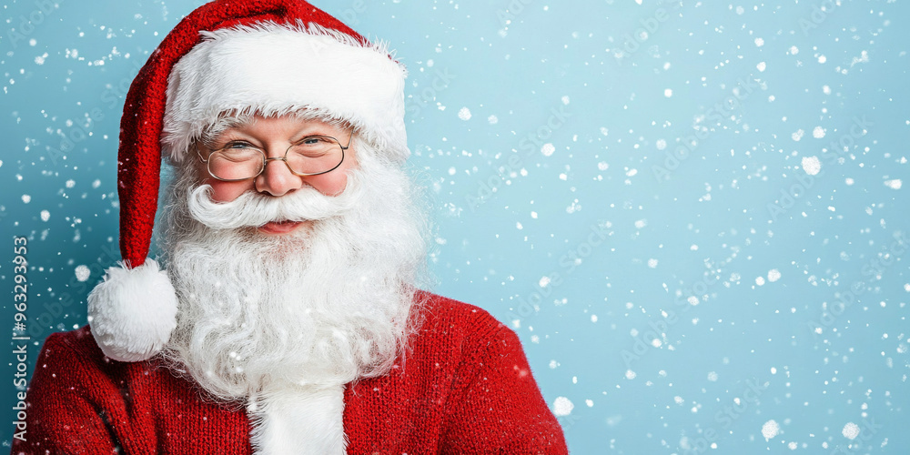 Santa Claus Smiling Against a Snowy Background in Festive Holiday Attire Santa Claus Smiling Against a Snowy Background in Festive Holiday Attire