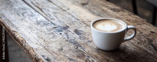 Minimalist latte cup on a rustic wooden table, latte cup, simple elegance