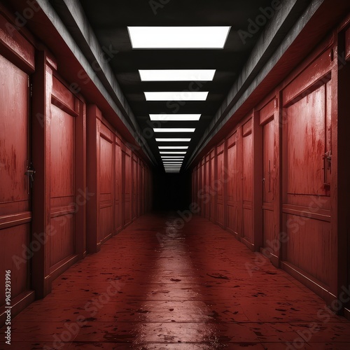 Futuristic tunnel illuminated with red neon lights creating a symmetrical perspective. Modern urban architecture and technology background.