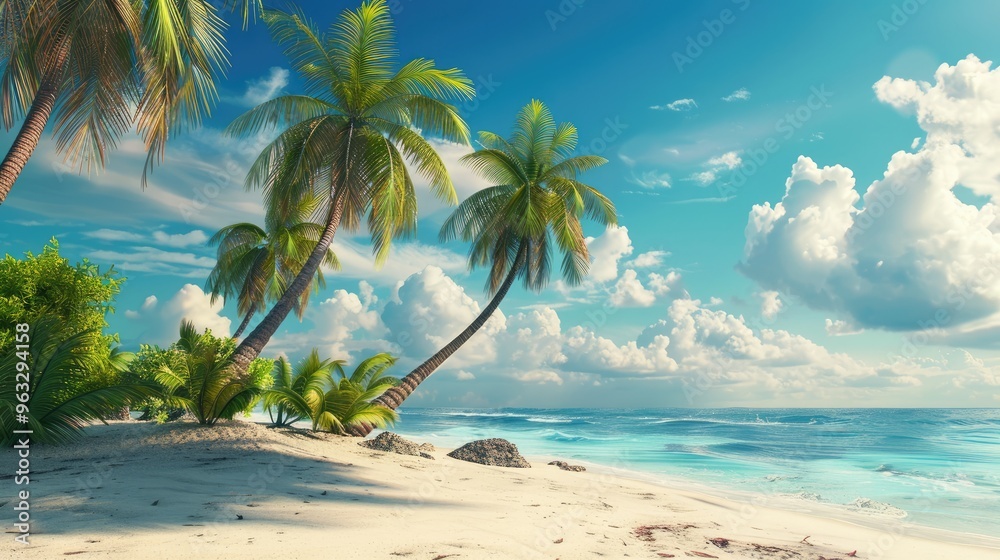 Scenic tropical beach setting with palm trees, ideal for holidays. Scenic tropical beach setting with palm trees, ideal for holidays.